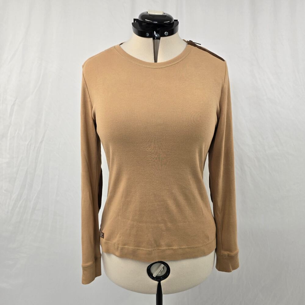 Lauren Ralph Lauren Long Sleeve Suede Elbow Patch Shirt Women's L Tan Cotton